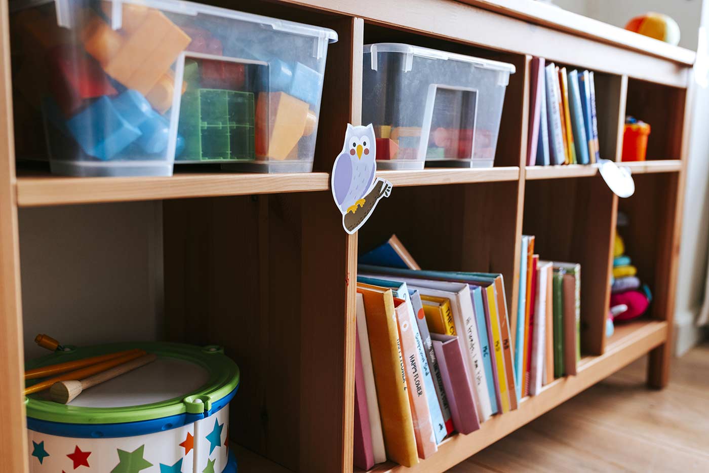 shelves of toys and books
